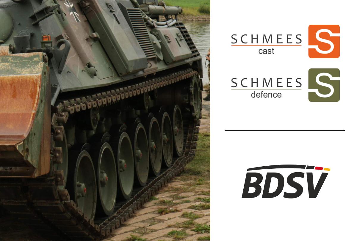 SCHMEES cast, SCHMEES defence und das BDSV Logo neben einem Bildausschnitt eines Bergepanzers